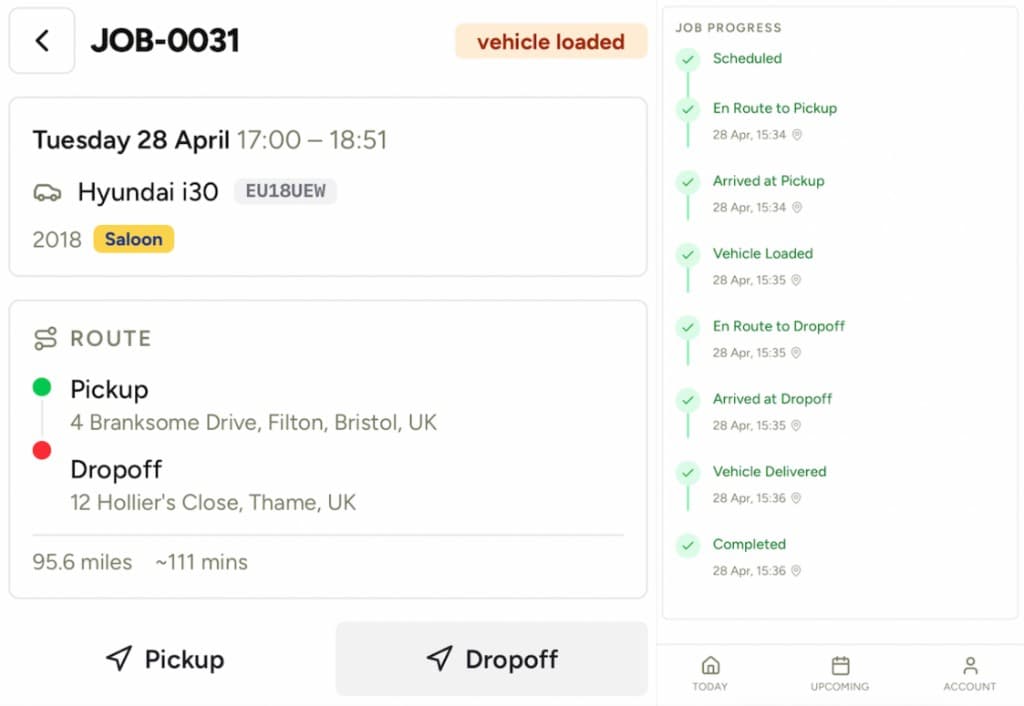 Sibbu driver app showing a job detail screen with route, vehicle info and a step-by-step job progress timeline