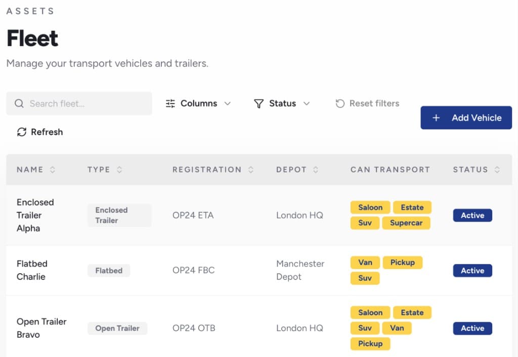 Sibbu fleet management table listing trailers with type, registration, depot, vehicle compatibility tags and active status