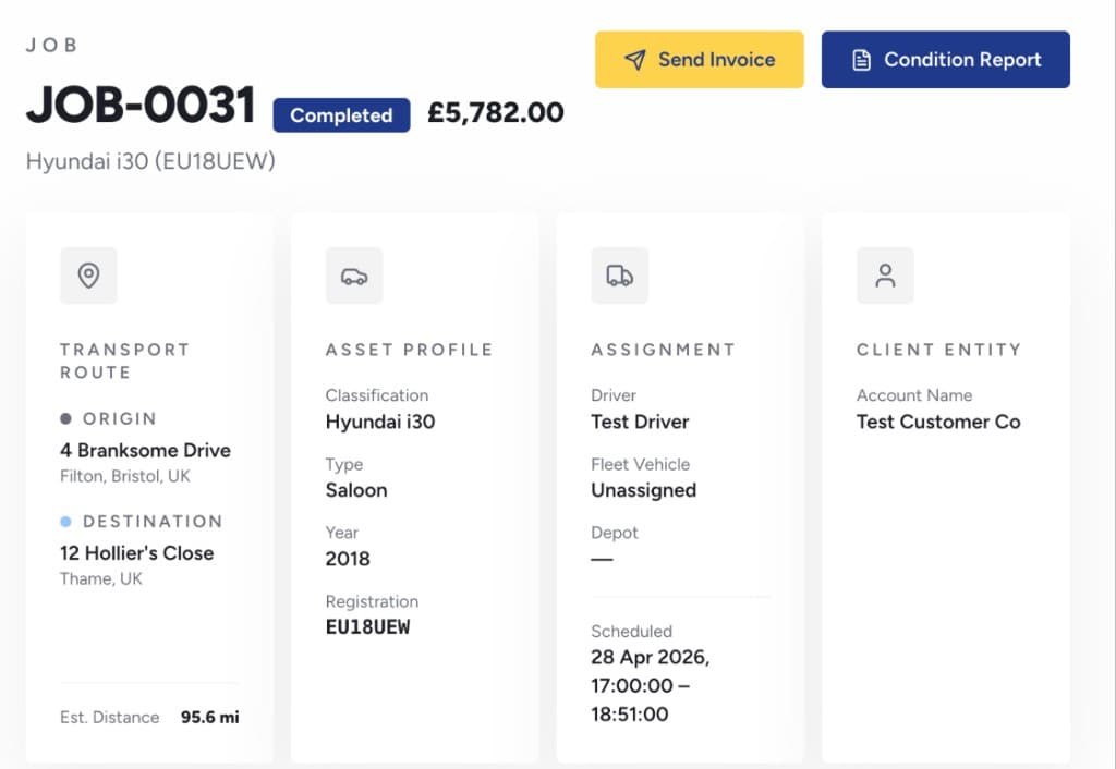 Sibbu completed job detail showing send invoice and condition report buttons, with route, asset, assignment and client details cards