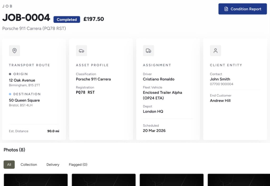 Sibbu completed job page showing job details, transport route, asset profile, and a Photos section with collection and delivery photos