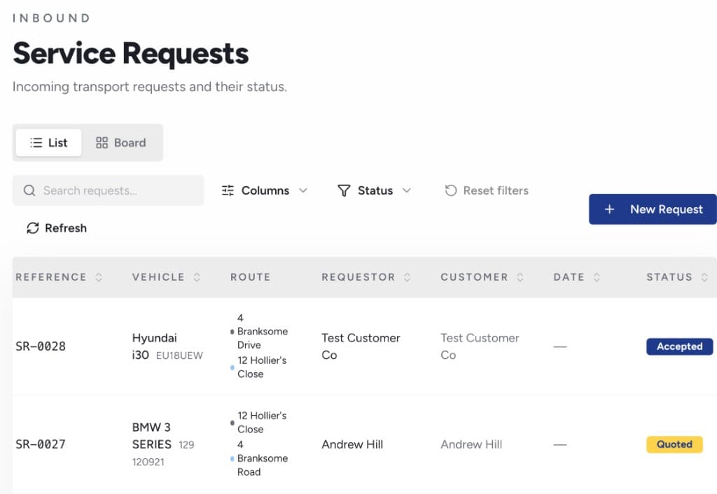 Sibbu service requests list view showing inbound transport requests with status, vehicle, route and customer details