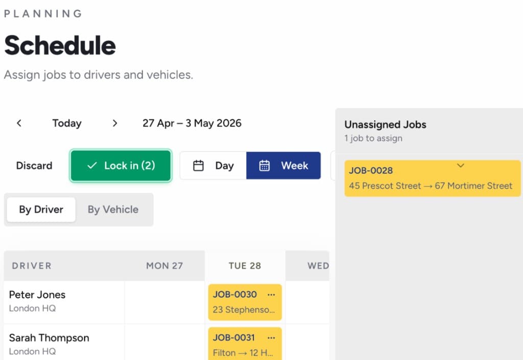 Sibbu schedule view showing a weekly driver calendar with assigned jobs and an unassigned jobs sidebar
